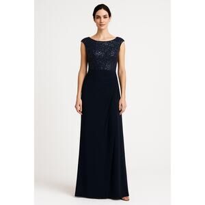 Lauren Ralph Lauren Evening Gown 2010s Navy Sequin Bodice Draped Skirt 8P